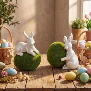 Yookeer 2 Set Easter Bunny Green Mossy Eggs Flocked Table Decor 7 Inch Farmhouse Spring Easter Tabletop Decorations White Gloss Bunny Figurines with Green Moss Eggs for Spring Tabletop Centerpiece