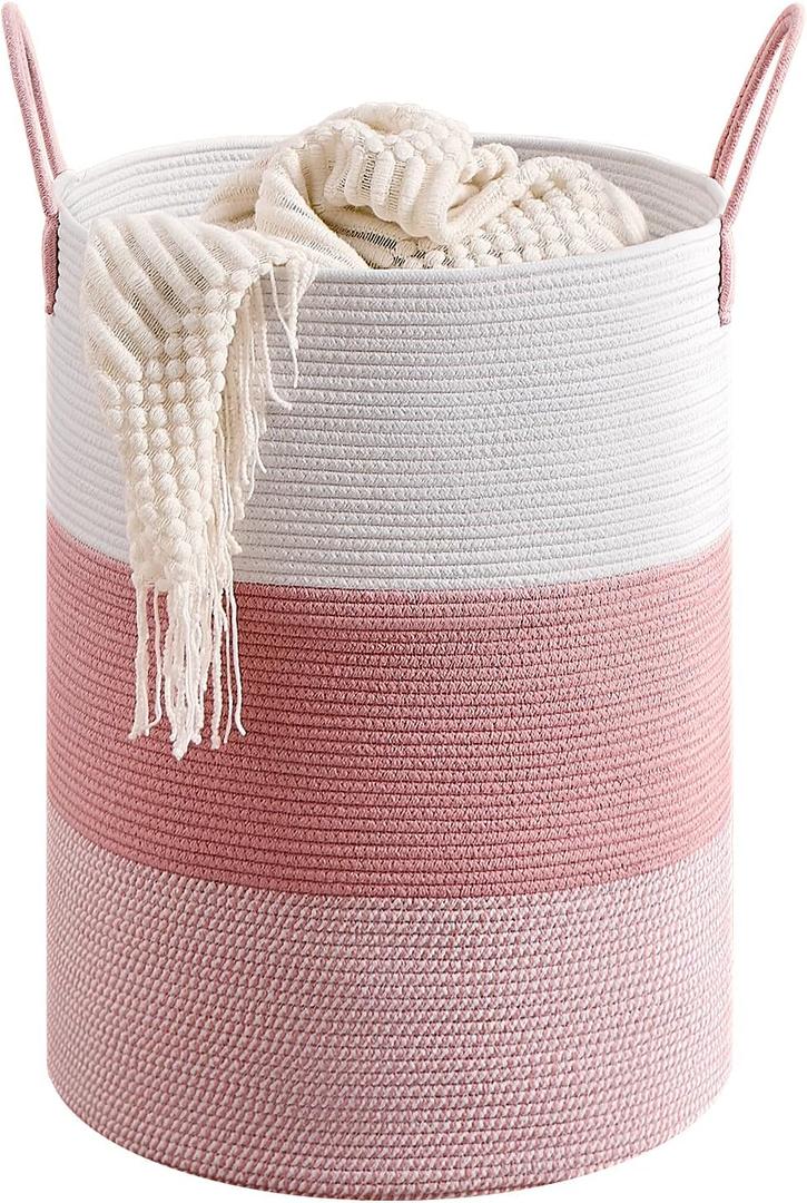 CLHMILY&Z 100L Laundry Basket Round Storage Rope Basket - 18.1x24 Inches - Pink Hamper in Bedreoom and Cute Storage Bin for Blankets, Toys, and Nursery Essentials