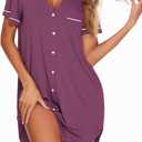 Ekouaer Nightgowns for Women Button Down Night Gowns Short Sleeve Sleep Shirt V Neck Nightshirt Soft Sleepwear Pajams Dress Deep Purple Medium
