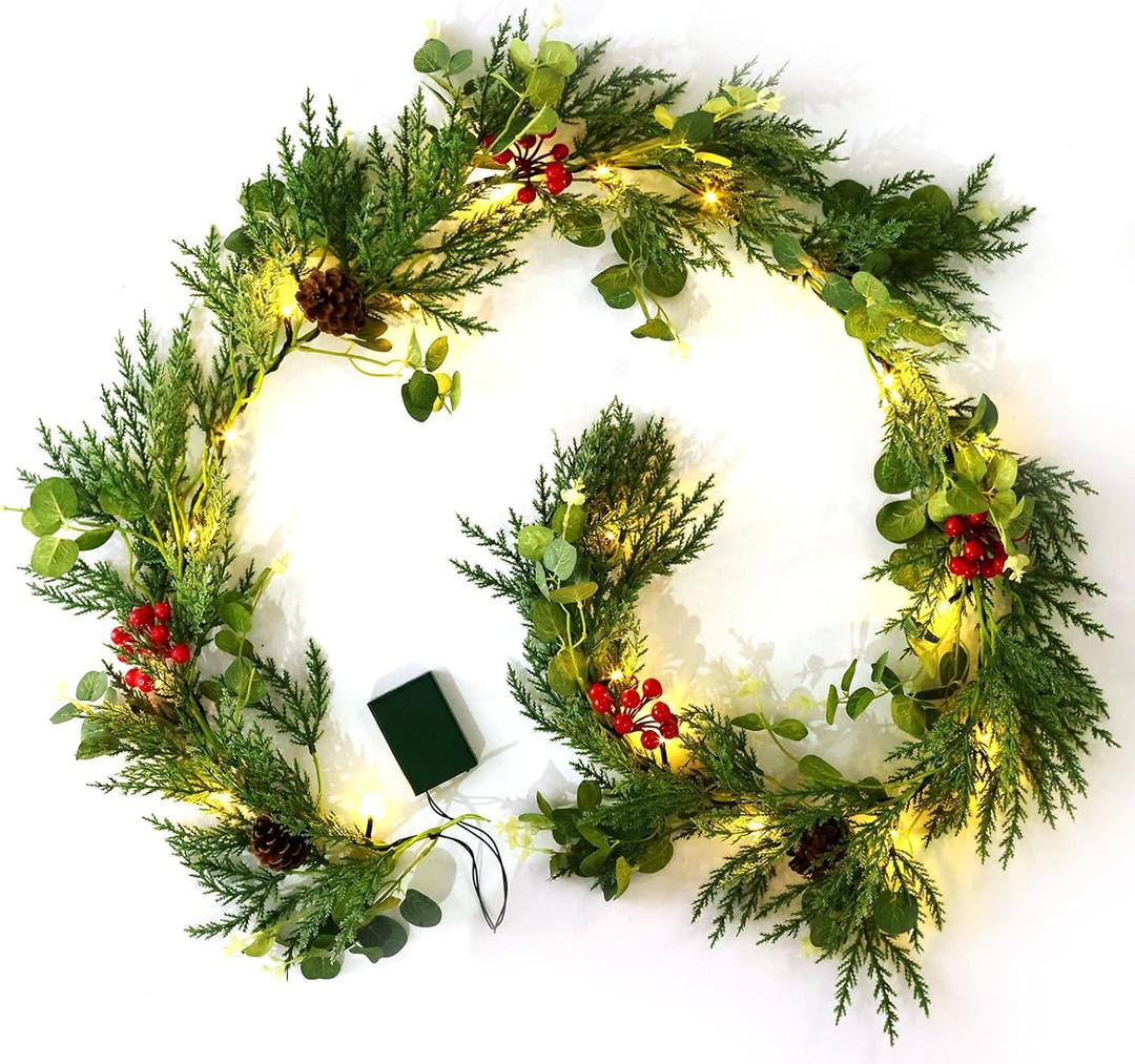 6ft prelit Lighted Christmas Garland with LED Lights,Battery Powered with Pine Cones,Eucalyptus Leaves,Berries, Pine Needles,Christmas Garland for Fireplace Mantle Decorations. (Green)