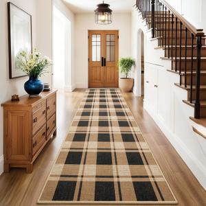 AROGAN Checkered Jute Runner Rug for Hallway, 2x8 Kitchen Runner Washable Rugs Carpet, Long Farmhouse Design Geometric Rugs for Entryway Indoor Laundry Welcome Mat 8 Ft Entry, Black and Brown (Nature)