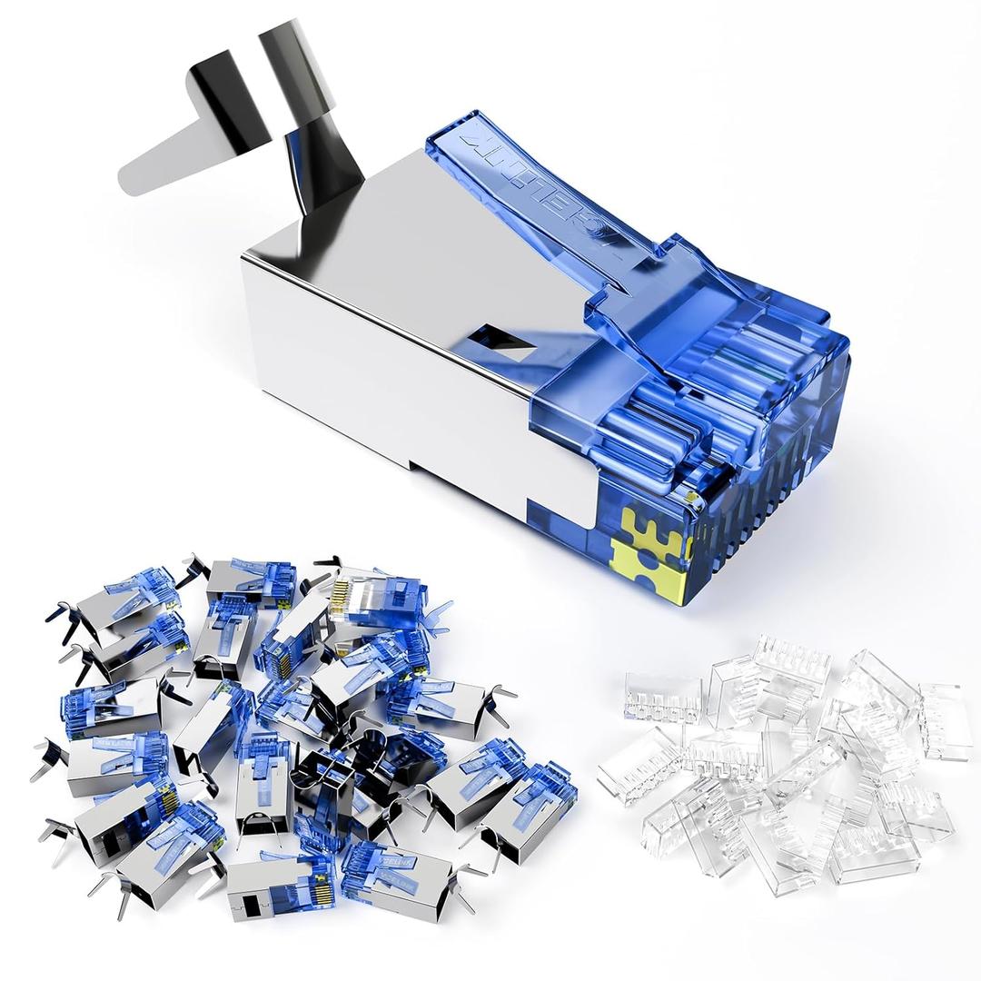 VCELINK Cat6A RJ45 Connector Shielded Non-Pass Through 25-Pack, Gold-Plated Modular Plug RJ45 Ends for Cat7/Cat6A STP/FTP Cable Solid and Stranded Ethernet WireBlue (RJ45 Connectors, 25 Pack)