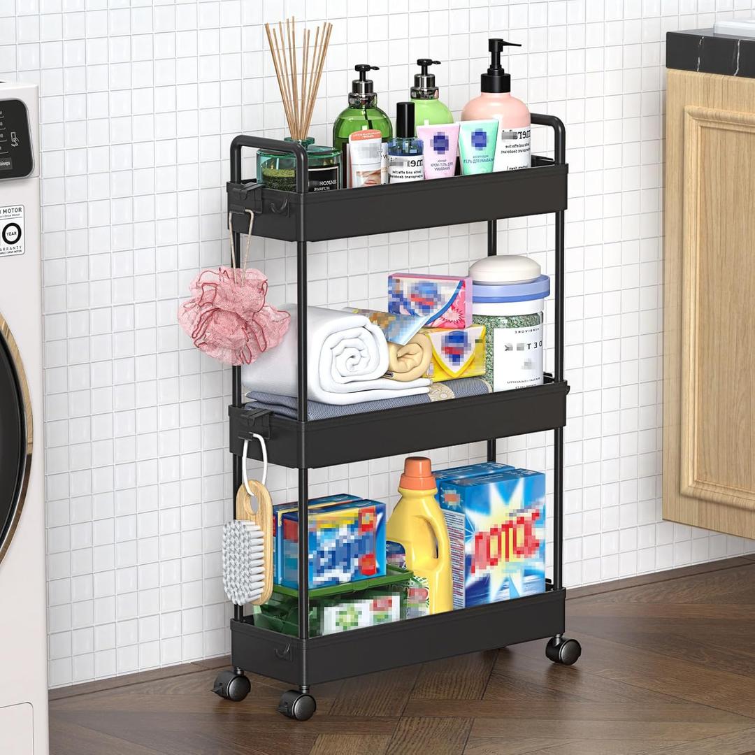 SOLEJAZZ Slim Rolling Storage Cart with Wheels 3 Tier Skinny Bathroom Storage Organizer Thin Laundry Room Utility Cart Space-Saving for Bedside Kitchen Office Small Narrow Places, Black SOLEJAZZ Slim Rolling Storage Cart with Wheels 3 Tier Skinny Bathroom Storage Organizer Thin Laundry Room Utility Cart Space-Saving for Bedside Kitchen Office Small Narrow Places, Black