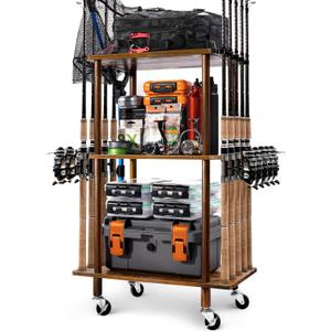 Ghosthorn Fishing Rod Holders for Garage Fishing Pole Rack Hold up to 10 Rods Fishing Pole Holders Wooden Organizer Fishing Rod Rack car Fishing Gear Storage Equipment (3 Tier)