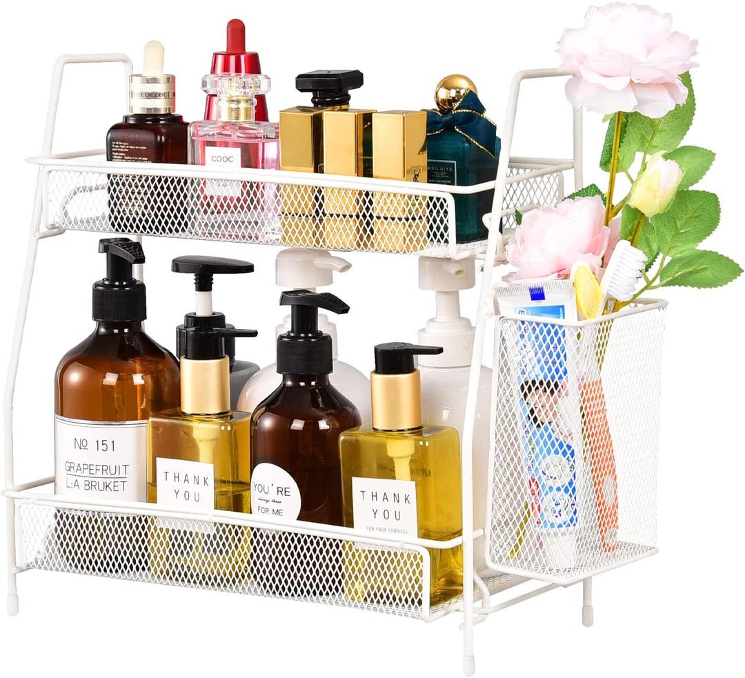 LEMIKKLE Countertop organizer for bathroom counter, bathroom organizers and storage, spice rack organizer for kitchen counter shelf with small basket(White) (White (Size: 7" x 12" x 13"))