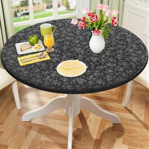 Smiry Round Picnic Tablecloth, Elastic Waterproof Fitted Heavy Duty Vinyl Tablecloths for 36"-44" Tables, Wipeable Washable Table Cover for Kitchen, Dining, Camping, Outdoor, Black