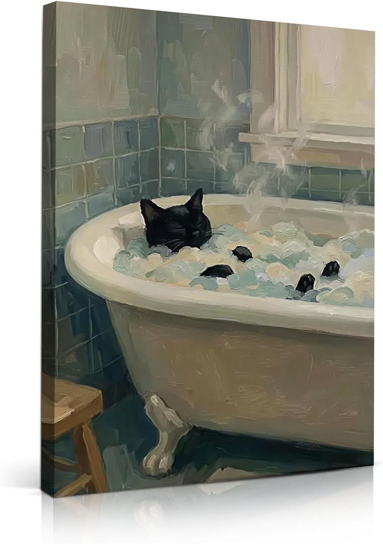 ADKYUVRR Funny Black Cat Bathroom Canvas Wall Art 16x24in