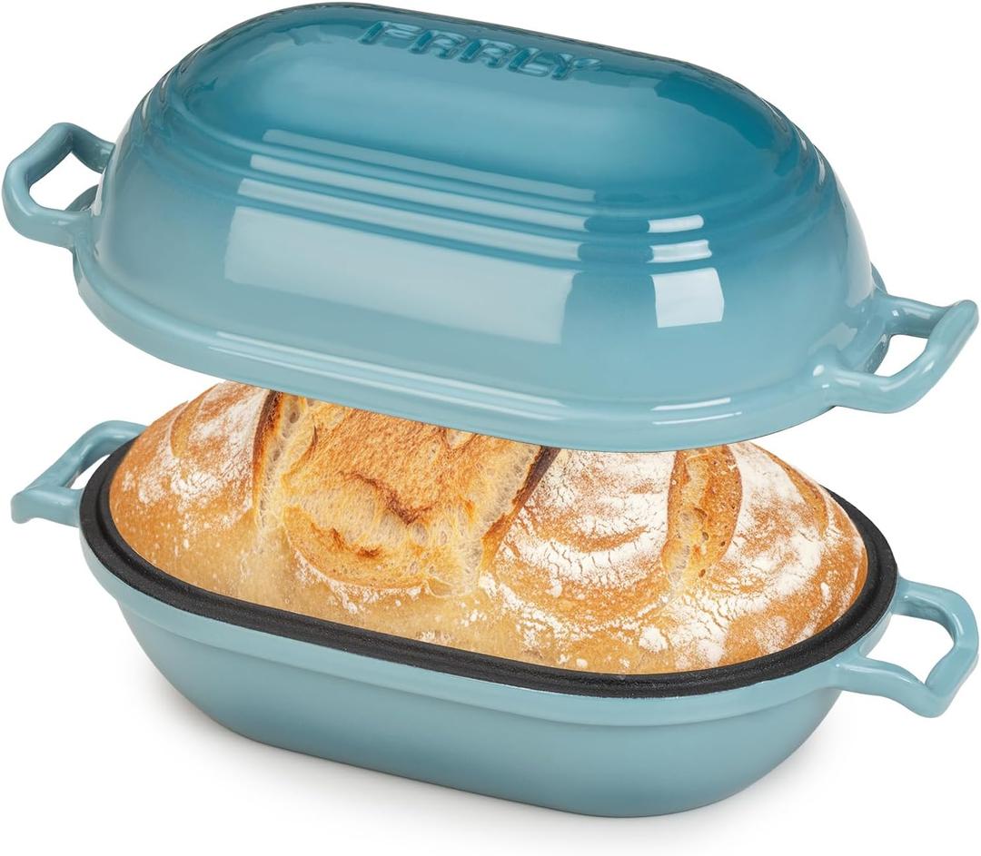Enameled Cast Iron Dutch Oven for Sourdough Bread Baking,9 x 5-4/5 Inch Oval Cast Iron Bread Pan with Lid,Dutch Oven for Homemade Sourdough Baking,2.8QT Meatloaf Pan,Oven Safe (Ocean Blue)