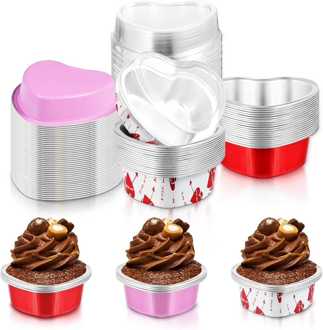 Cunhill 30 Sets Heart Shaped Cake Pans with Lids, 3.4 Ounces/ 100 ml, Aluminum Foil Mini Disposable Heart Cupcake Pans for Valentine's Day Wedding Parties Gift (Red,Pink,White)