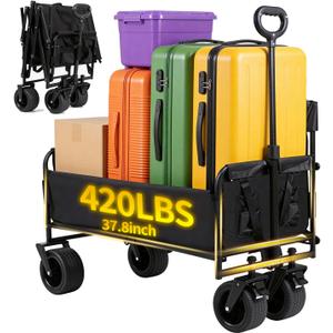 37.8" L Collapsible Wagons Carts Foldable 420lbs Heavy Duty Beach Wagon Folding Utility Wagon with 360°Rotatable All-Terrian Wheels & 90°Adjustable Handle for Camping Garden Sports Shopping Groceries