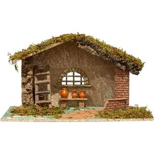 VILLAGE GIFT IMPORTERS Nativity Creche Stable | 11" Tall and 18.25" Wide | Realistic Moss Roof and Floor | Beautiful Texture Work | Ladder, Pots, and Window | Made in Italy