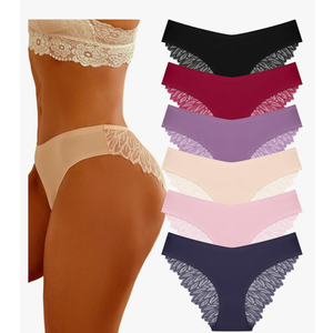FINETOO 6 Pack Sexy Underwear for Women Silky Seamless No Show Panties Ladies Lace Bikini Lightweight Cheeky Hipster L