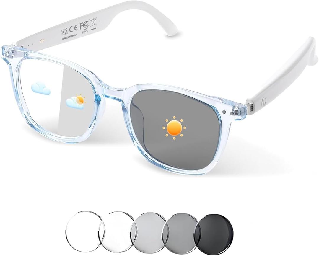 Smart Glasses for Women Men, Bluetooth Audio Glasses with Color-Changing Lenses, Open Ear Sound Speakers, Magnetic Charging, Voice Assistant, Music/Calls, Blue Light Glasses for Working Travel (Blue)