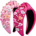 2 Pack Valentines Day Headbands for Women Girls Knot Jeweled Rhinestone Hair Accessories Pink Red Heart Clothes Outfit Gifts