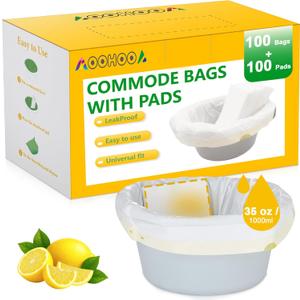 Bedside Commode Liners with Pads | 100 Commode Bags+100 Absorbent Pads | Leak-Guard | Rapid Absorption | Lemon Scented | Bedpan | Bedside Commode | Camping Toilet (Yellow+white)