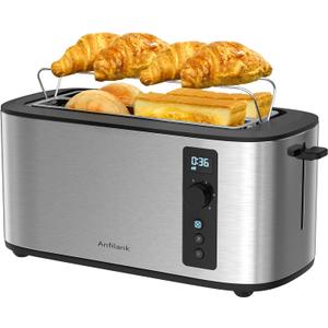 Toaster 4 Slice Long Extra Wide Slot 1.5" with Countdown Timer, 6 Browning Settings, Built-in Warming Rack, Bagel/Cancel/Defrost Functions, Removable Crumb Tray-Stainless Steel