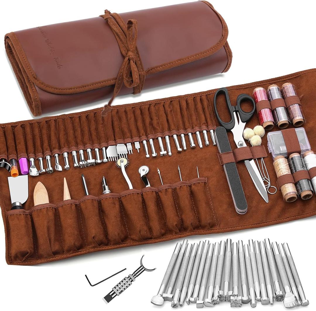 Leather Working Tools Leather Craft Tools for Carving Stamping Sewing Punching Cutting with Custom Storage Bag Professional Tooling Kit for Crafting, Repair & DIY Projects