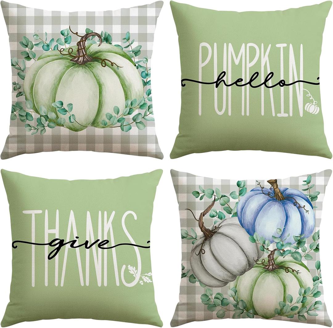 2 x Artscope Fall Decorative Throw Pillow Covers 20x20 Inch Set of 4, Hello Pumpkin Give Thanks Buffalo Plaid Outdoor Farmhouse Pillow Cases for Home Sofa Couch-Green