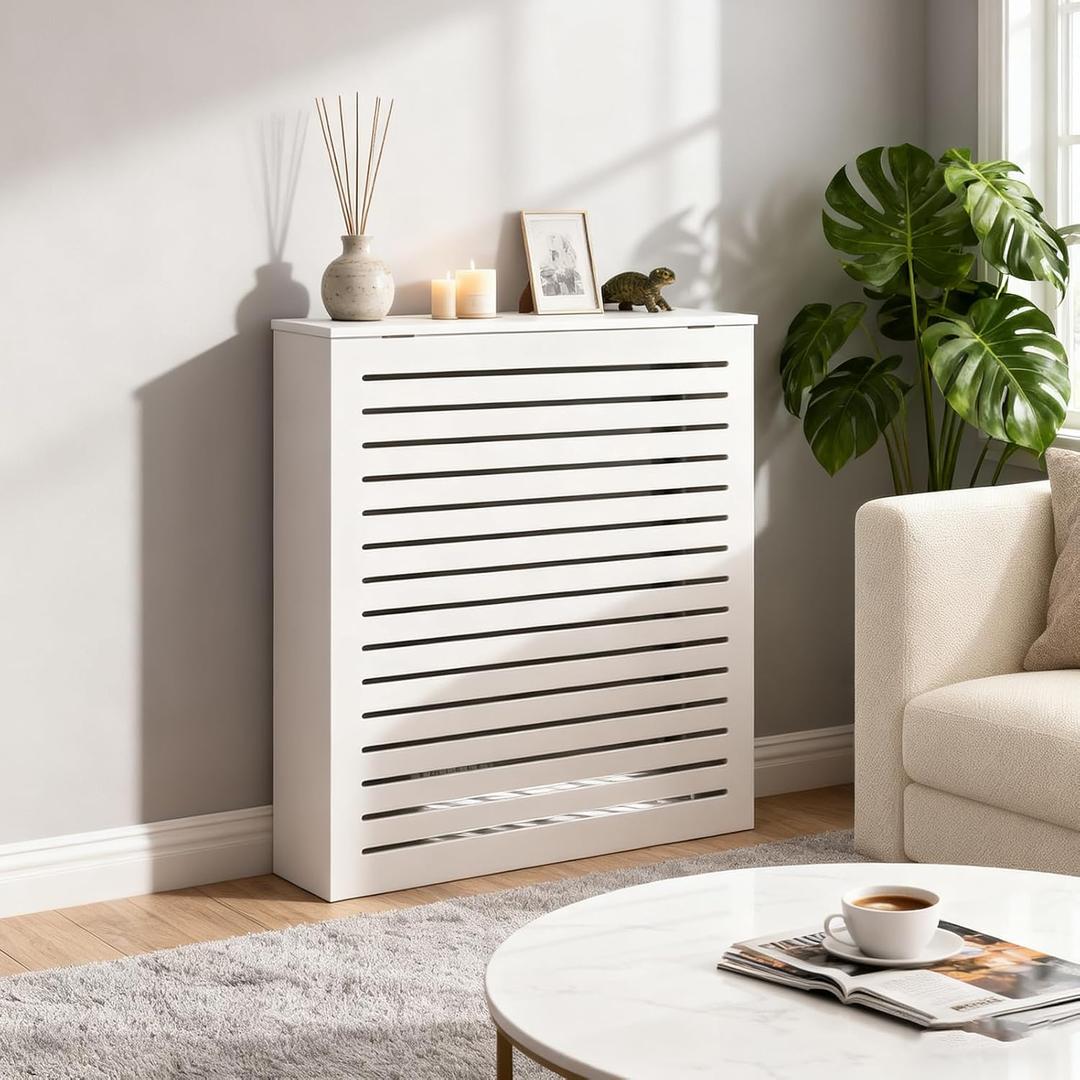 Radiator Cover Cabinet, White Heater Covers for Radiators, Louvered Grill Radiator Shelf with Top, 27.5x 27.5x 8Heating Decorative Organizer for Kitchen Living Room Bathroom