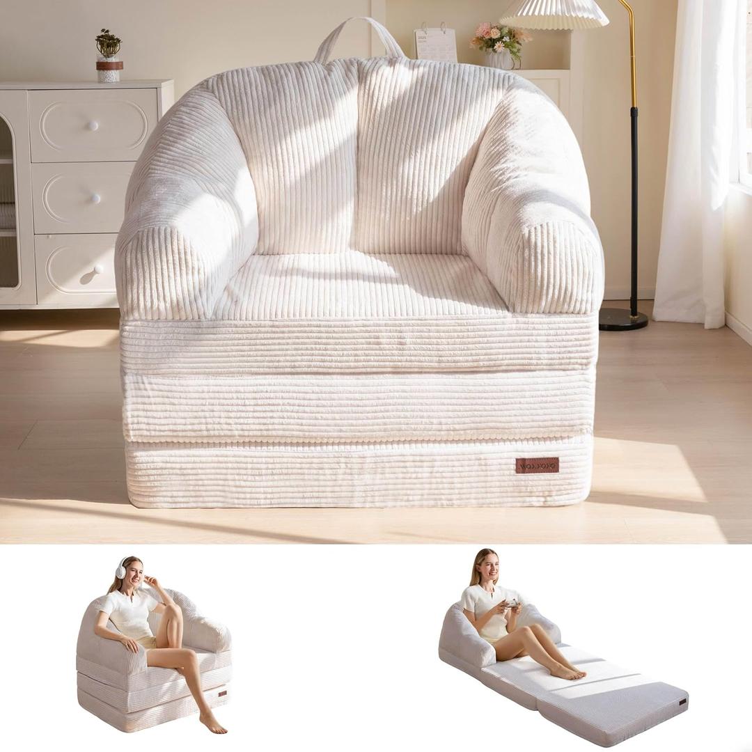 MAXYOYO Folding Sofa Bed with Backrest, Boneless Fold Out Couch Bed with Handle, 2 in 1 Convertible Bean Bag Chair to Floor Sofa Lounger, Comfy Folding Couch for Bedroom & Living Room, Beige, Large