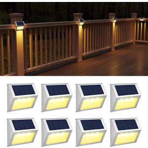 JSOT Solar Lights Outdoor for Deck, Waterproof Solar Powered Steps Light Outdoor Wireless LED Lamp Fence Lighting Walkway Patio Stair Garden Path Rail Backyard Fences Post 8 Pack Warm White