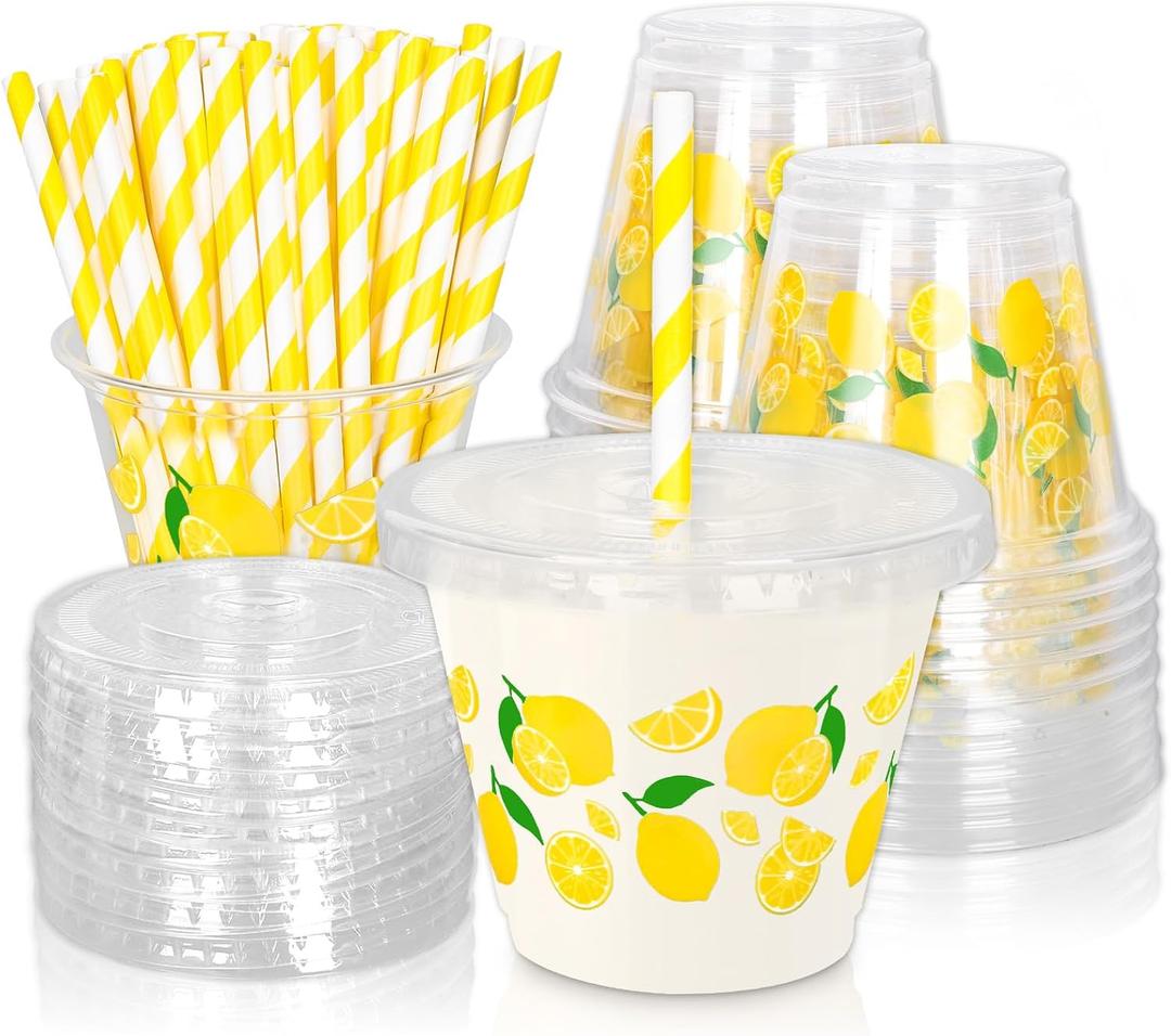 FYSUIMU 100Pcs Lemon Disposable Plastic Cups with Lids and Straws 9Oz Cute Yellow Lemonade Cold Beverage Drinking Cups for Summer Birthday Baby Shower Party Supplies (EXP 07/10/26)