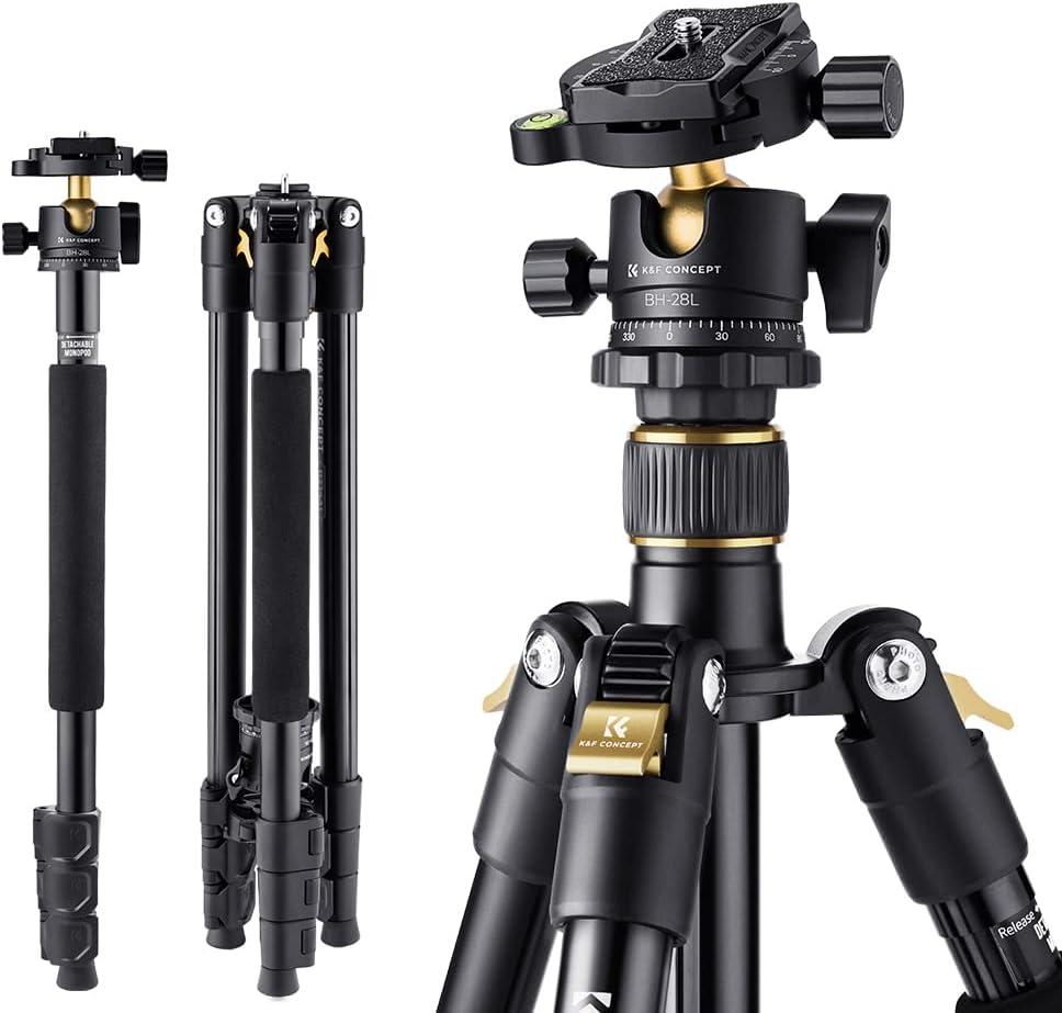 K&F Concept 64 inch/ 161cm Camera Tripod, Compact Aluminum Alloy Travel Tripods with 28mm Metal Ball Head 10KG/ 22lbs Load Capacity, Detachable Monopod, for SLR DSLR Digital Camera(B234A1+BH-28L)