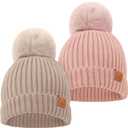 2-Pack Baby Hats for Girls, Boys - Stretchy Baby Beanies, Cute Newborn & Toddler Winter Hat, Soft & Warm Pom Pom Beanie for Infant, Toddler, Boys, Girls 0-6 Months (Fawn, S)