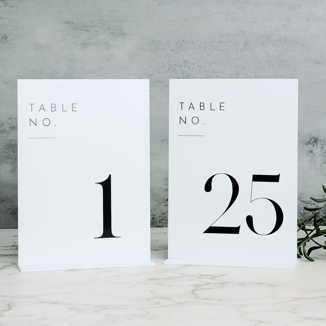White Wedding Table Numbers 1-25 with Stands, 5"x7" White Acrylic Table Numbers, Perfect for Wedding Reception, Party, Anniversary, Event