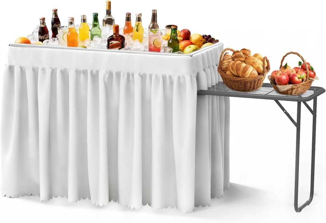 Folding Ice Cooler Table with Metal Side Desktop, Skirt &Drain Hose Plastic Chill Table to Keep Drinks Cool, Portable Self-Serving Beverage Cooling Bar for Parties, Picnics, Barbecues(White
