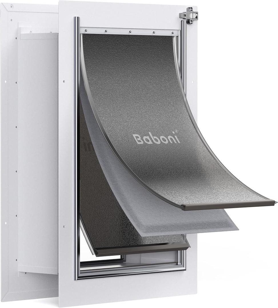 Baboni Pet Door for Wall, 3-Flap, Steel Frame and Telescoping Tunnel, Aluminum Lock, Double Flap Dog Door and Cat Door, Strong and Durable (Pets Up to 100 Lb) -Large