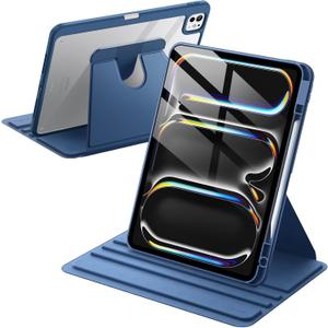JETech Rotating Case ONLY for iPad Pro 13-Inch M5/M4 (2025/2024) with Pencil Holder, 360 Degree Rotation Protective Stand Cover Clear Back (Navy)