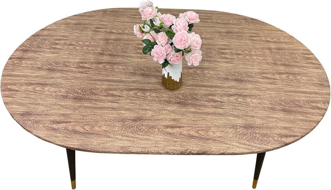 LIBERECOO Oval Tablecloth Vinyl Fitted Elastic Edge with Flannel Backing - Fits 48 x 68 Inch Oval Table - Walnut Wood Pattern - Waterproof Wipeable Table Cover