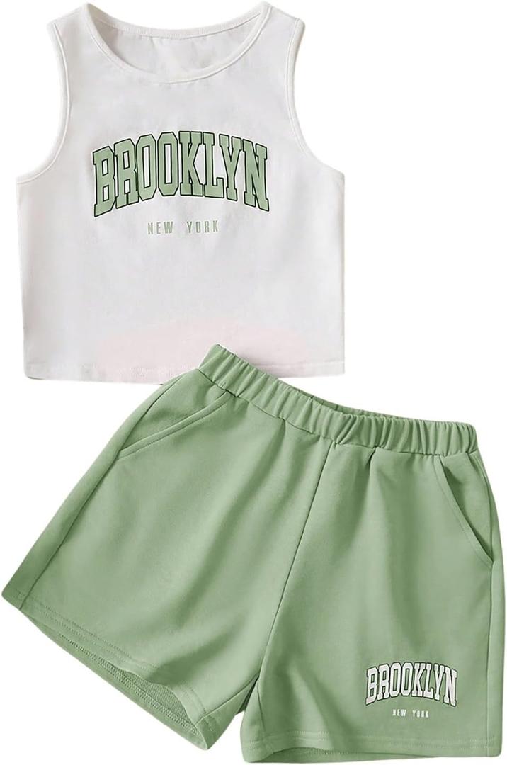 Floerns Girl's Summer Letter Graphic Tank Top Sport Shorts Sets 2 Piece Outfit 11-12