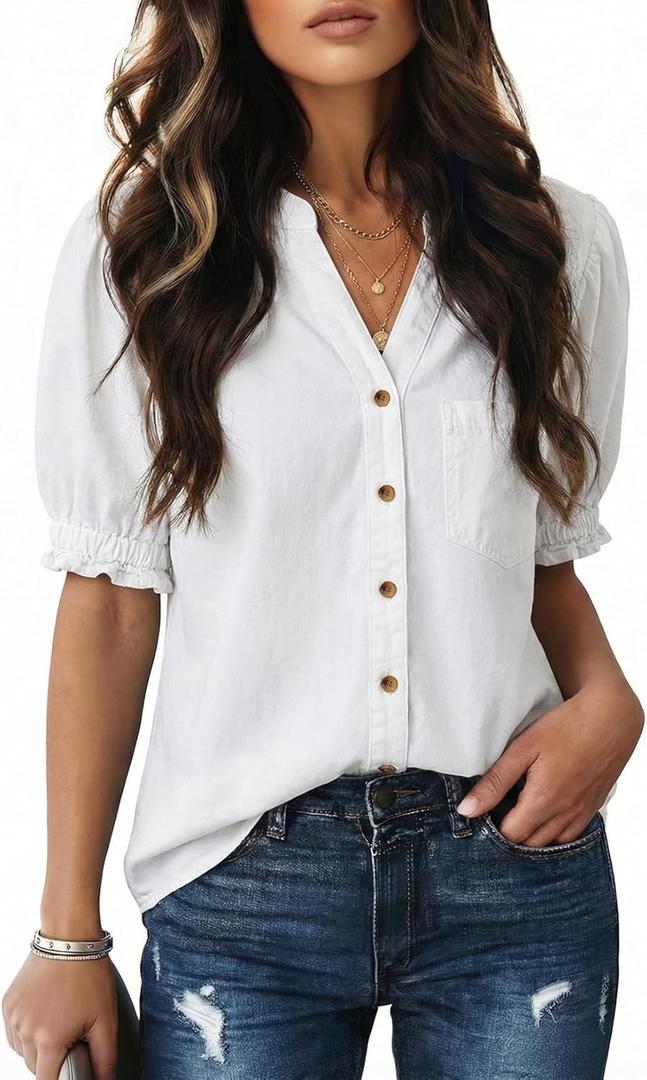 Dokotoo Women Denim Shirt Button Down Casual Short Sleeve V Neck Blouse Summer Tops (XX-Large, White)