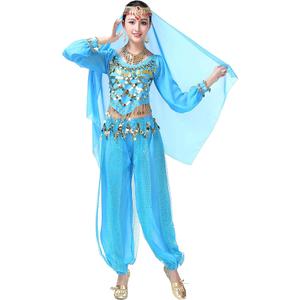 Lauthen.S Women Belly Dance Outfit Coins Top Pants Face Veil Set Halloween Costume Size S