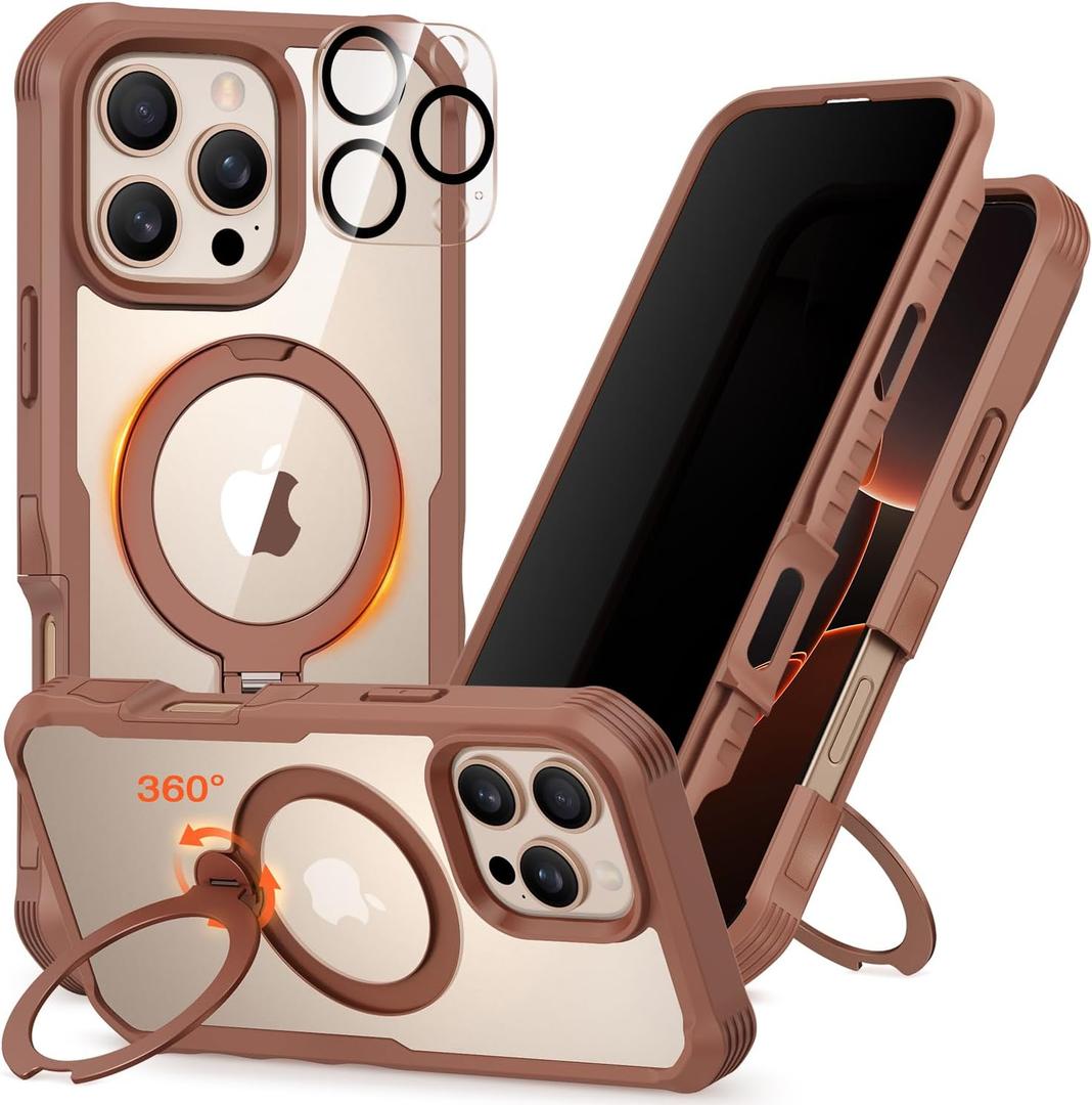 CENHUFO for iPhone 16 Pro Case [Compatible with Magsafe] Full Body Phone Case Built-in 9H Tempered Glass Privacy Screen Protector and 360° Spin Magnetic Stand Ring, Camera Lens Cover - Desert Brown