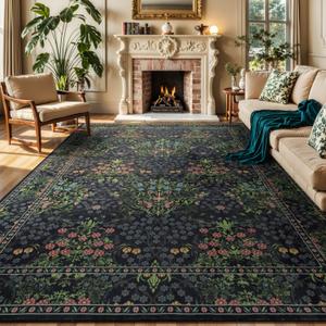 Lessymo Floral Black Green Washable Rugs 8x10, Living Room Area Rug Non Slip Boho Low Plie Large Carpet for Bedroom Dining Room Home Office, Vintage Flower Decor Distressed Retro Indoor
