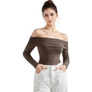 SUUKSESS Women Off Shoulder Bodysuit Double Lined Going Out Basic Tops Long Sleeve Thong Body suit Shirts (Brown, XS)