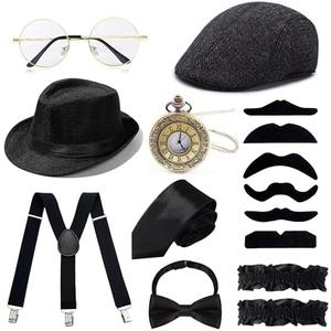 GIFIKOI 1920s Mens Costume Accessories Outfit Fedora Hat Vintage Roaring 20s Costumes Gangster Accessories for Gatsby Party