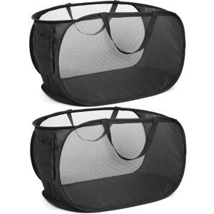 Durable Collapsible Laundry Baskets, Mesh Pop Up Laundry Hamper with Side Pocket, Foldable Clothes Hamper with Reinforced Carry Handles for Laundry, Bathroom, Kids Room, Dorm or Travel 2 Pack Black