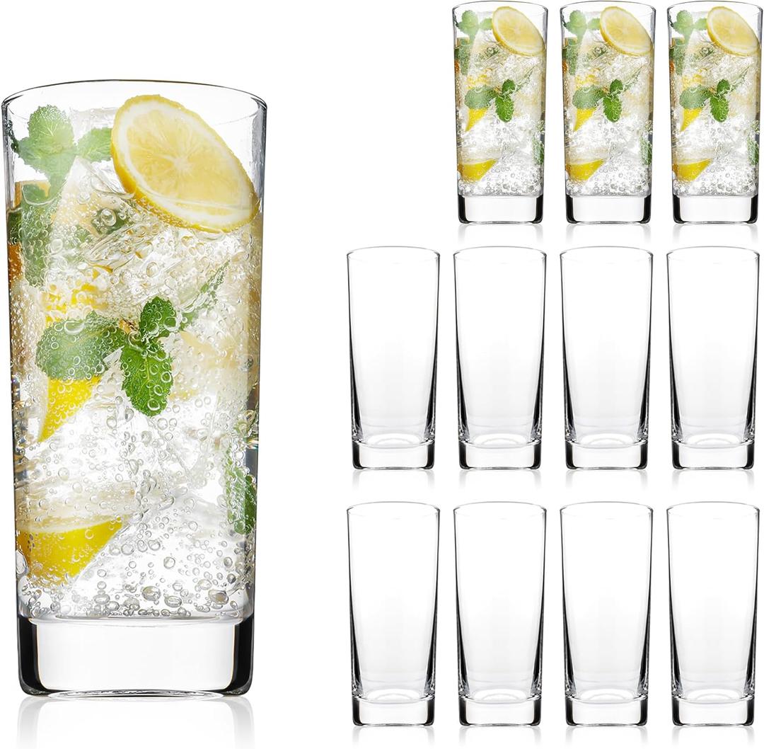 OUWO Highball Glasses Set of 12, 13oz Tall Drinking Glasses, Water Glass for Kitchen, Tom Collins Glasses, Mojito Glass Cups, Cocktail Glasses for Bar Glassware
