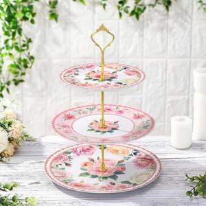 Lallisa Pink Floral Party 3 Tier Dessert Stand 10", 9" and 7" Ceramic Serving Tray Dessert Cupcake Display Holder Tower for Wedding Baby Bridal Shower Tea Party Decoration