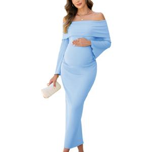 Off The Shoulder Maternity Dress Bell Sleeves Ruched Bodycon Maxi Elegant Pregnancy Dresses Baby Shower Photoshoot (XL, Blue)