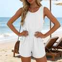 BOMYTAO Womens Sleeveless Romper Eyelet Elastic Waist with Pockets Casual Short Pants Jumpsuit Summer Beach Vacation Outfit (White, L)