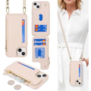 Cavor for iPhone 14 Wallet Case with Card Holder for Women,for iPhone 14 Case with Strap,Crossbody Lanyard and Wristlet Zipper Pocket Phone Cover-Cream
