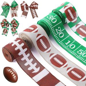 28 Yard 4 Rolls 2.5 Inch Football Wired Edge Ribbon Sport Ball Wired Edge Homecoming Ribbon Fabric Burlap Natural Wrapping Decor for Present Wrapping Gift DIY Craft