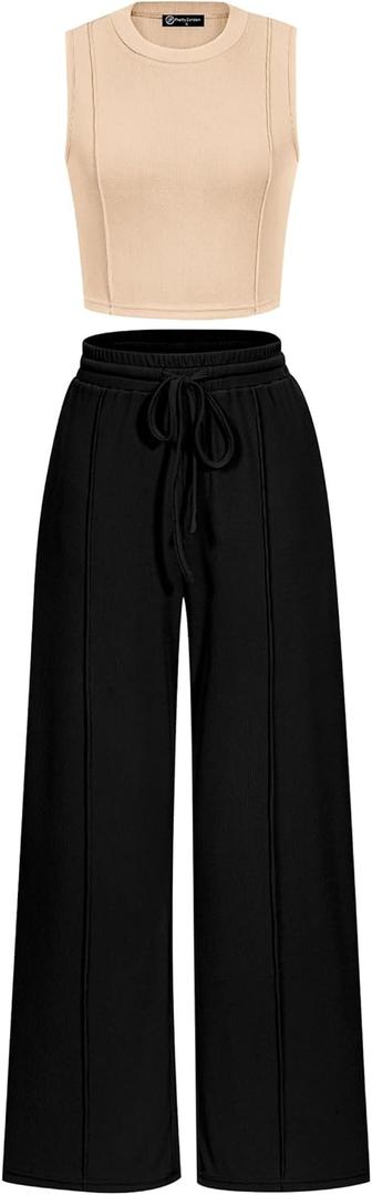 PRETTYGARDEN Women's Summer 2 Piece Loungewear Set Cropped Tank Top Wide Leg Sweatpants Tracksuit Casual Outfits (S)