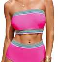 Herseas Women's Color Block Bikini Set 2025 Strapless Bandeau High Cut Padded Stripe High Waist Two Piece Bathing Suit Rose Red XX-Large 