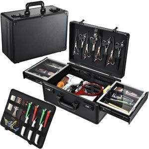 Barber Case 6 Clippers Sliding Tray, Profesional Barbers Briefcase Tool Case, Barber Cases for Clippers and Supplies, Hair Scissors Trimmer Organizer, Salon Hair Grooming Hard Travel Suitcase